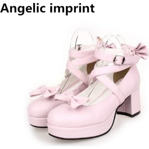 Angelic imprint woman mori girl lolita cosplay shoes lady high thin heels pumps women princess dress party shoes 6cm 33-47 bow