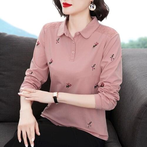 Middle-aged Mother Spring Dress New Loose Bottom Shirt Embroidery Jacket Turtleneck Long Sleeve T-shirt Womens Cotton