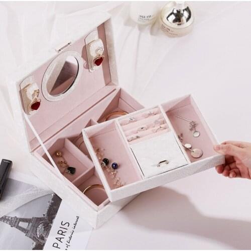 High Capacity Leather Jewelry Box Two-Layer Earring Ornament Ear Stud Necklace Ring Organizer Women Kids Birthday Gift