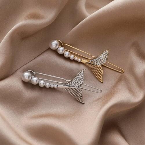 Temperament Bling Rhinestone Fish Tail for Women Girls Gold Color Alloy Geometric Long Clip Hairpins Hair Accessories