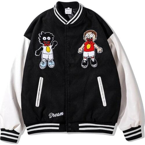 Hi Street Oversized Hip Hop Campus Letterman Jackets With Cartoon Embroidery Couples Streetwear Varsity Baseball Coat Outerwear