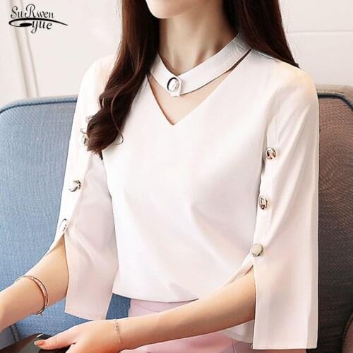 Women Blouse 2021 summer Ladies Tops Chiffon Blouse Beading Solid White Shirt Blouse Clothes Shirts Three Quarter V-Neck tops