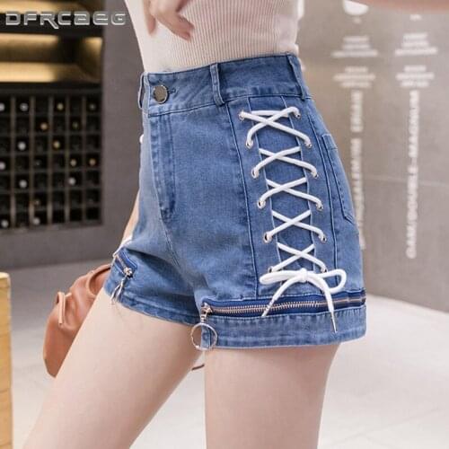 New Arrivals Women Bandage Denim Shorts With Zipper 2021 High Waist Korean Streetwear Slim Summer Jeans Short Femme