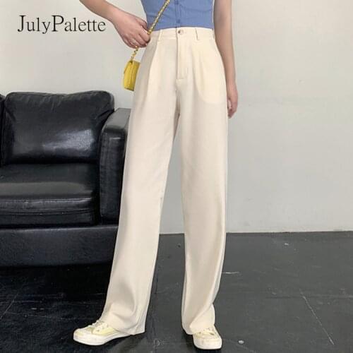 JulyPalette Casual Solid Suit Pants Women High Waist Loose Female Full-length Straight Trousers 2020 Autumn Elegant Ladies Pants