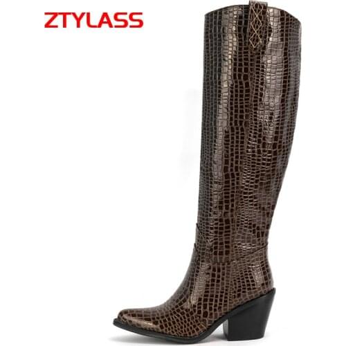 2021 Autumn Women Western Boots Pu Leather Knee High Boots Fashion Wedges High Heel Long Boots Slip On Winter Shoes