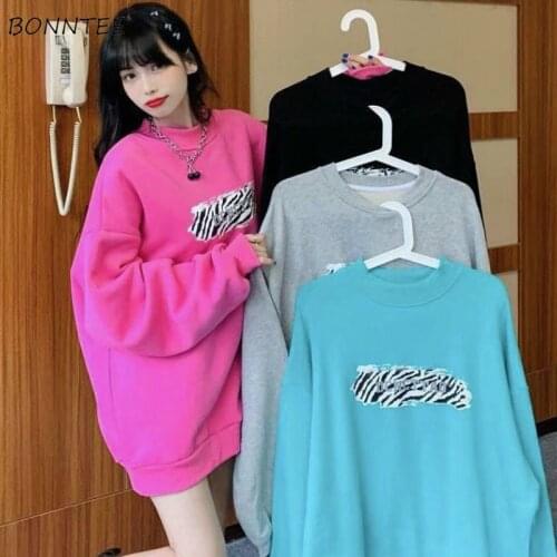 Hoodies Women Oversize Autumn Printed Soft Thicken O-Neck Loose Pullovers Korean Style Streetwear Fashion BF All-match Casual