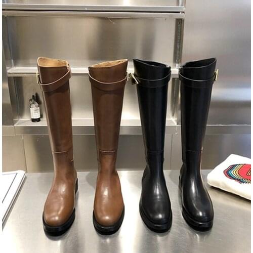 2020 Women Boots Genuine Leather High Boots Fashion Motorcycle Boots Round Toe Slip On Top Quality Luxury Brand Designer