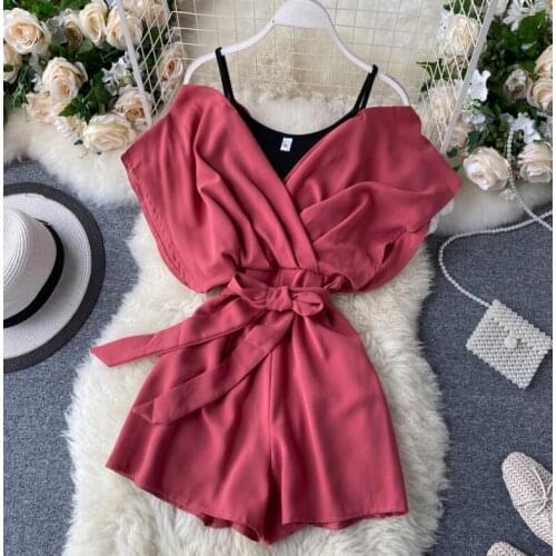 Womens spring summer sexy off shoulder slim jumpsuit female wide leg short pants overall TB160