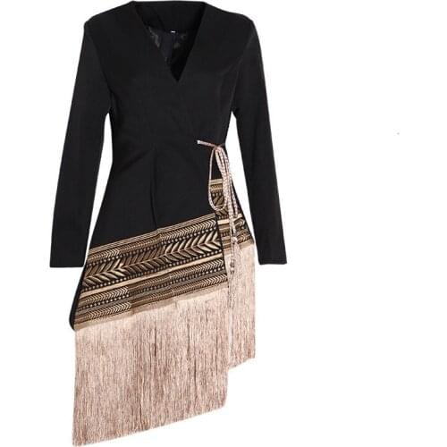 SeeBeautiful New Fashion Spring 2021 V-neck Long Sleeve Embroidery Jacquard IrregularTassels Loose Coat Single Suit Woman Q378