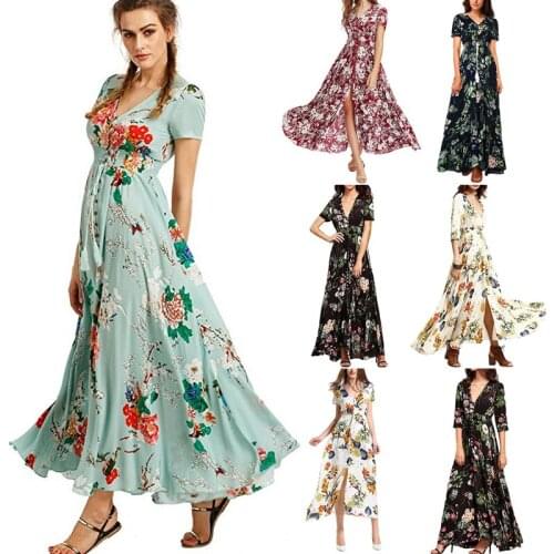 Womens Summer Long Dress Fashion New Floral Print Deep V-Neck Short Sleeve Long Dress Banquet Wedding Guest Holiday Beach 2021