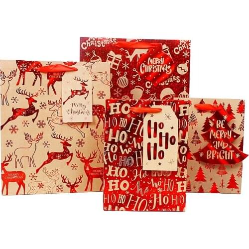 Wholesale 10PCS/lot 3 Size Christmas Red Bronzing Paper Gift Packaging Bags With Handles And Tags For Festival Present Bags