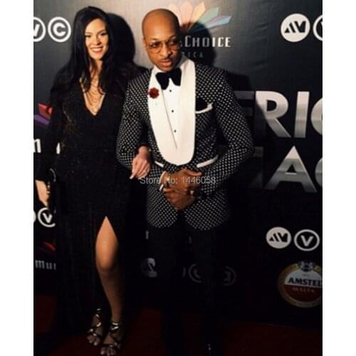 2017 Best Selling Black Polka Dot Mens Party Prom Suits Groom Tuxedos Groomsman Men Wedding Suits (Jacket+Pants+Bow Tie)