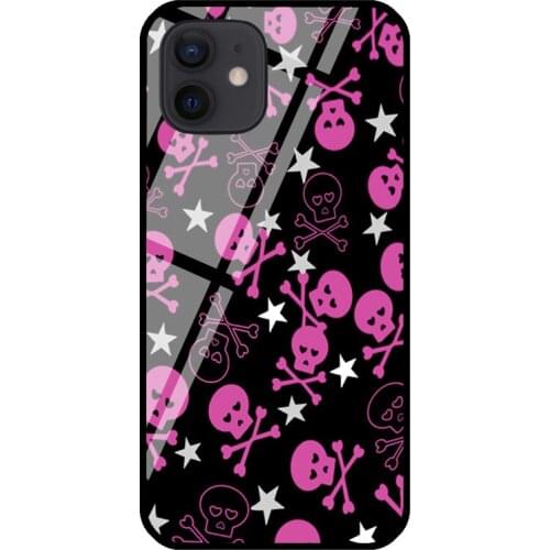 Pink Skull And Bones Tempered Glass Phone Case For iPhone 12 mini 11 Pro Max XS X XR 7 8 Plus SE 2020 Coque