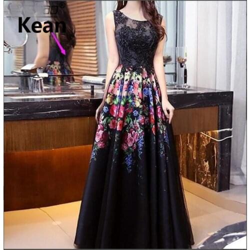 Black Muslim Evening Dress printing and dyeing Applique Illusion Islamic Dubai Kaftan Saudi Arabic Evening Gown Prom Dress