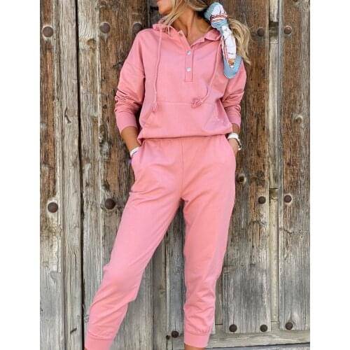 2 Pieces Set Hooded Drawstring Single Button Pockets Long Sleeve Pullover Solid Ankle-Length Pants Women Winter Sweater Suit