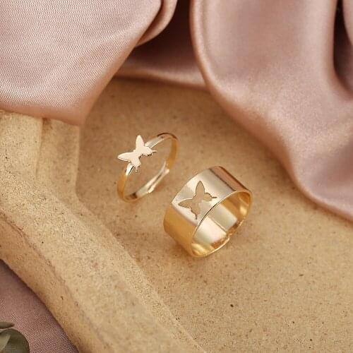 2PCS Gold Silver Color Butterfly Open Ring For Women Minimalist Metal Jewelry Adjustable Finger Rings Party Gift Bague Femme
