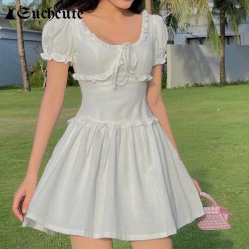 SUCHCUTE Korean Style Frill Ruffles Short Dress Sexy Hollow Out Streetwear Fashion A-Line Dress Women Summer Boho Beach Dress