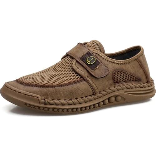 Summer Breathable Trendy Comfy Leather Shoes Man Hand Velcro Sewing Mens Casual Shoes Sneakers Plus Size Outdoor Hiking Shoes