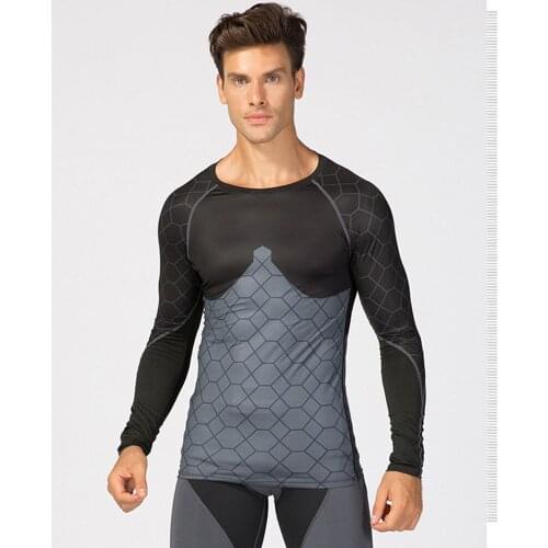 Mens Printed Stitching Long-Sleeved Fitness Apparel Running Sportswear Wicking Quick-Drying Breathable High-Elastic Tight Top