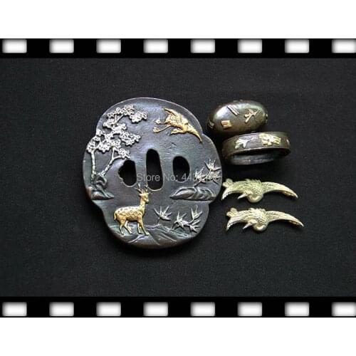 A Set High Quallty Japanese Samurai Sword Fitting Katana Tsuba W/Deer Design Copper Sword DIY Accessories