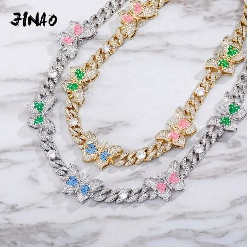 JINAO Butterfly Necklace 3 Colors Butterfly Iced Out Cubic Zirconia Cuban Choker Necklace Hip Hop Fashion Jewelry For Gift