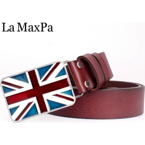 Drop shipping Fashion belt men & women genuine leather belt British flag buckle Union Jack waistband casual Belt gift