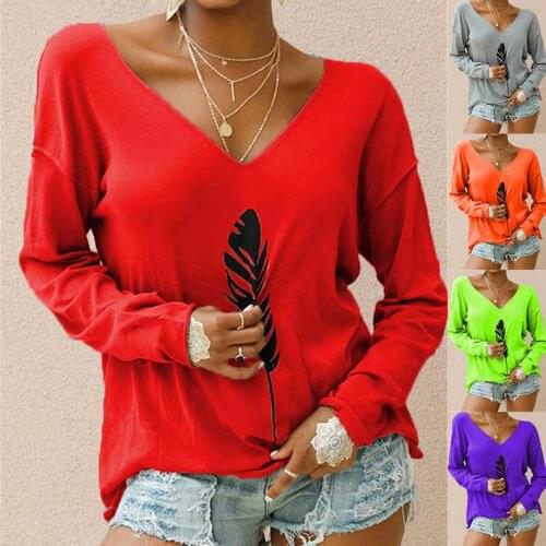 Sexy V Neck Feather Printed Long Sleeve Loose T-shirts Oversized S-5XL Autumn Spring Tee Tops WDC6056