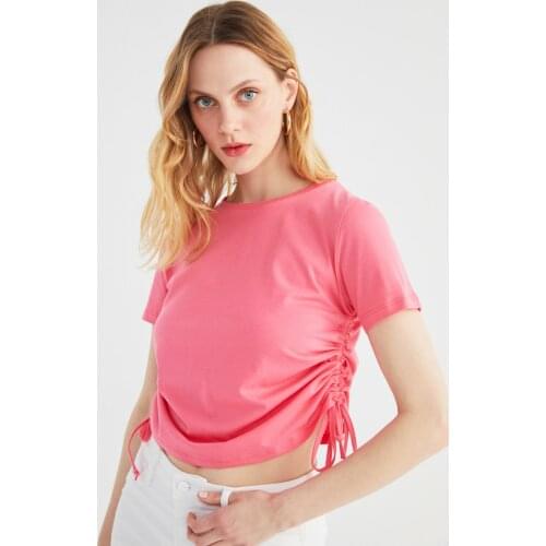 TRENDYOLMİLLA Pink Shirred Basic Knitted T-Shirt
