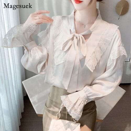 Spring Vintage Bow Women Blouses New Lace Ruffled Splicing Flare Sleeve Solid Tops Strappy Ladies Chiffon Shirt Blusas 13210