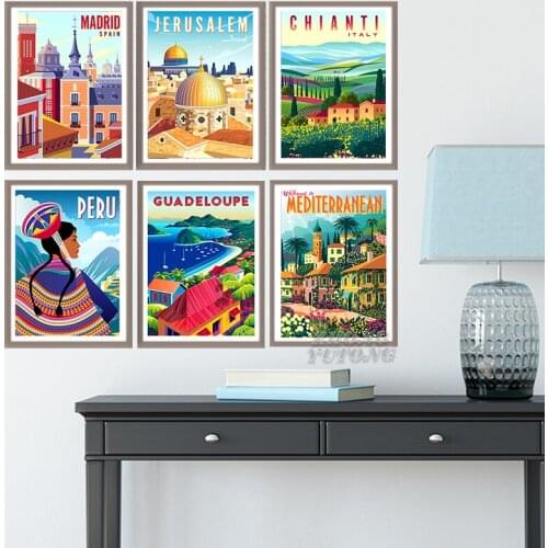 Nordic Vintage Travel Cities Poster Italy Caribbean Chile Minimal Landscape Art Canvas Painting Cityscape Wall Picture Home Deco