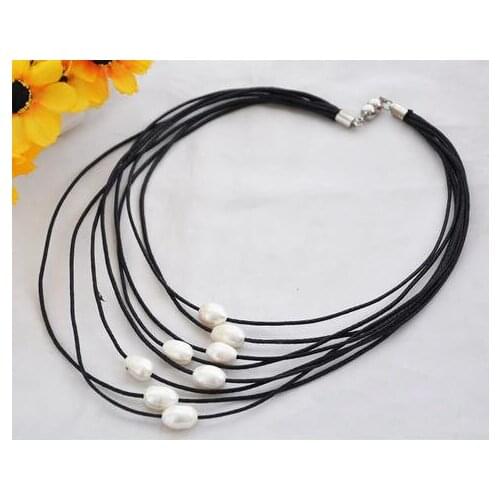 Black Leather Pearl Jewellery,8Rows 10-15mm White Rice Freshwater Pearl Necklace,Magnet Clasp