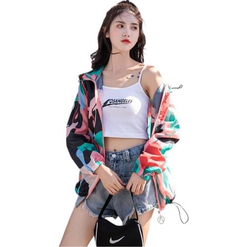 21 Summer Sunscreen Coat Camouflage Print Windbreaker Jackets Women Loose Zipper Outwear Korean Oversized Coat Female CX1730