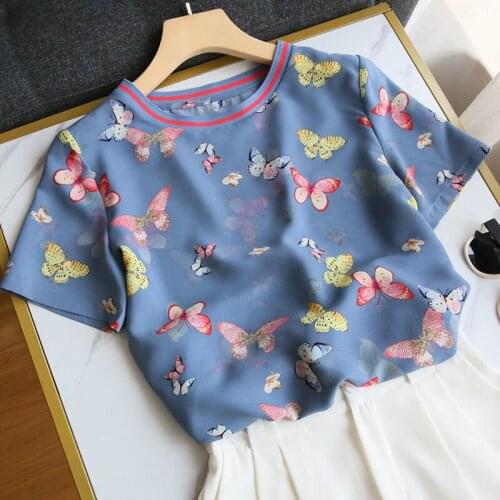 Butterfly Printed Women T-Shirts Summer New 2021 O-Neck Short-Sleeved Slim Elegant Office Lady Pulls Tops Tees