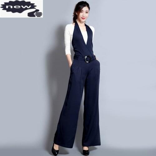 2021 Spring New Casual Trousers Black Slim Wide Leg Pants Hanging Neck Bib Jumpsuit Ladies With Sashes Jumpsuits Loose