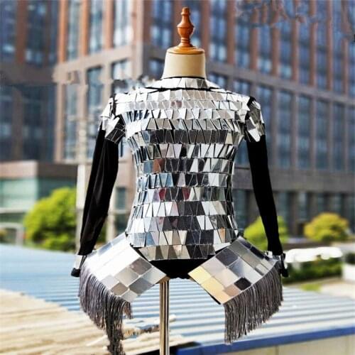 EC18 Ballroom dance women robot suit silver mirror singer dresses sext stage show wears clothe dj disco bar bikini performance