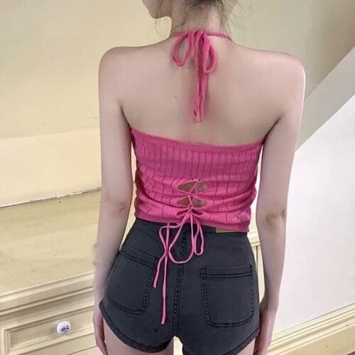 Women Sling Design V-neck Crop Top Halter Color Tank Cropped Top Blouse Summer Backless Corset Sleeveless Bandage Solid
