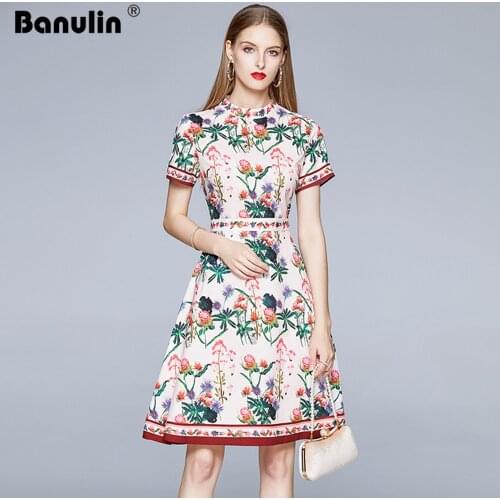 Banulin Designer Runway High Quality Women Stand Neck Floral Print Short sleeve Elegant Dresses Holiday Boho Vestidos Robe