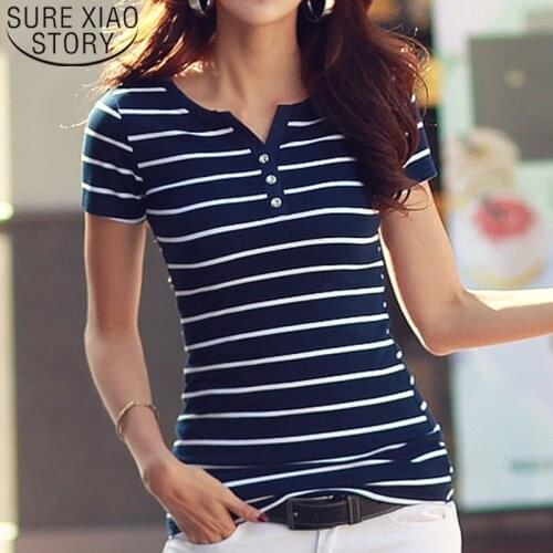 2021 New Summer Tops V-neck Blouse Women Short Sleeve Casual Shirts White Strip Shirts Plus Size Loose Cotton Fashion Clothes