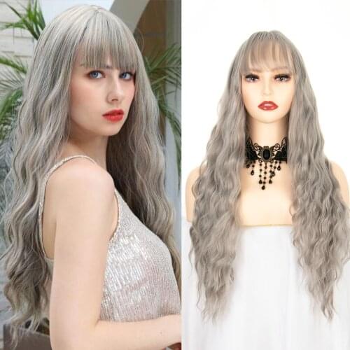 Long Wavy Wig with Bangs Grey Pink Purple Wig 28 Inches Natural Curly Hair Synthetic Heat Resistant Wig for Women Daily Cosplay
