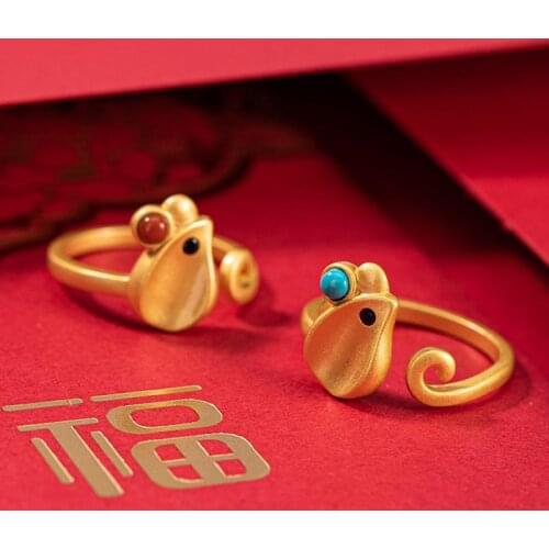 Natural Hetian Jade S925 Sterling Silver Personalized Birth Year Zodiac Rat Womens Ring South Red Blue Turquoise Open Ring
