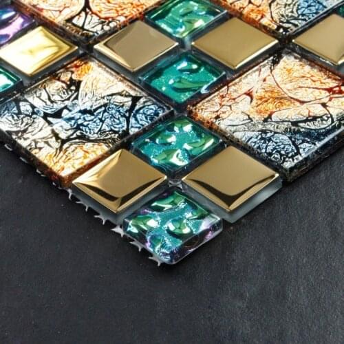 Crystal Glass Iridescent Seven color symphony Gold Electroplate Mosaic Tiles for kitchen backsplash sticker bathroom floor tiles
