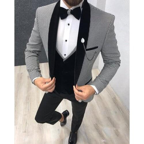 3 Pieces Houndstooth Wool Mens Suit Casual Blazer Prom Tuxedos Shawl Lapel Dinner Party Silver Grey Jacket For Wedding Grooms