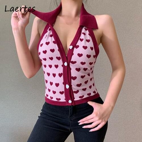 Laertes Sexy Tank Top Women Floral Prink Kintted Sleeveless Backless Polo Neck Basic Button Crop Top Women Club Party