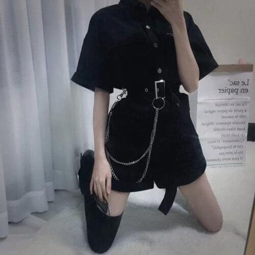 Summer Fashion Bodycon Rompers Jumpsuit Ladies Short Punk Overalls Gothic Women Cargo Playsuit with Chain and Belt Gloves XXL