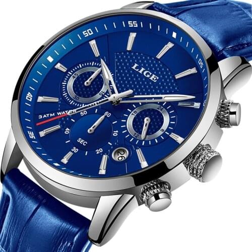 Fashion Luxury LIGE Brand Men Watches Classic Blue Leather Casual Sports Quartz WatchBusiness Waterproof Watch Relogio Masculino