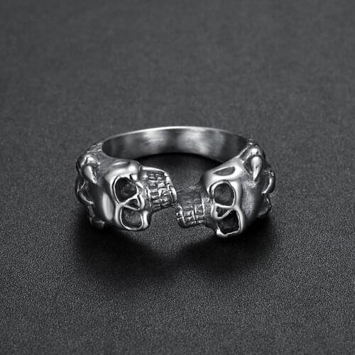 Megin D Hot Sale Punk Personality Two Skulls Stainless Steel Rings for Men Women Couple Friend Fashion Design Gift Jewelry