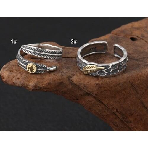 Wholesale 925 Sterling Silver Fashion Ring Jewelry men and women popular personality feather openings adjust ring