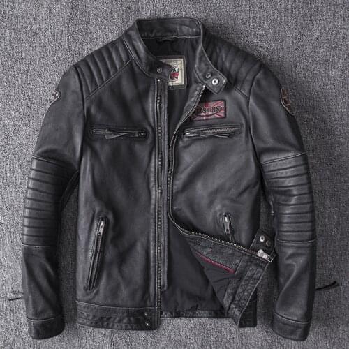 Stand Collar Short First Layer Pure Cowhide Coat Top Motorcycle Suit Riding Suit Retro Old Leather Leather Men