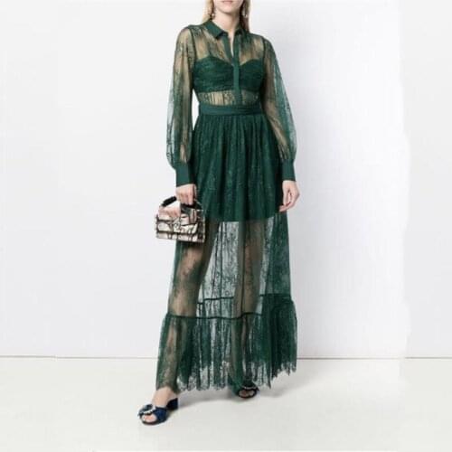 Sexy Semi-Sheer Emerald Green/Orange Red Lace Embroidery Tulle Long Shift Dress Lantern Sleeve Ruffles Overlay Party Night Gown