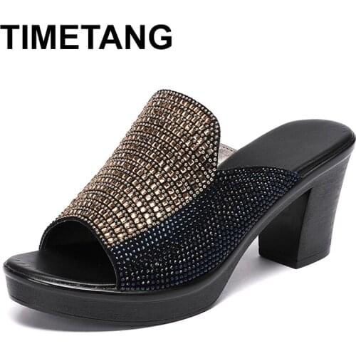 TIMETANG High heels sandals women genuine leather shoes rhinestone sandals platform 2020 new open toe women sandals size 35-41